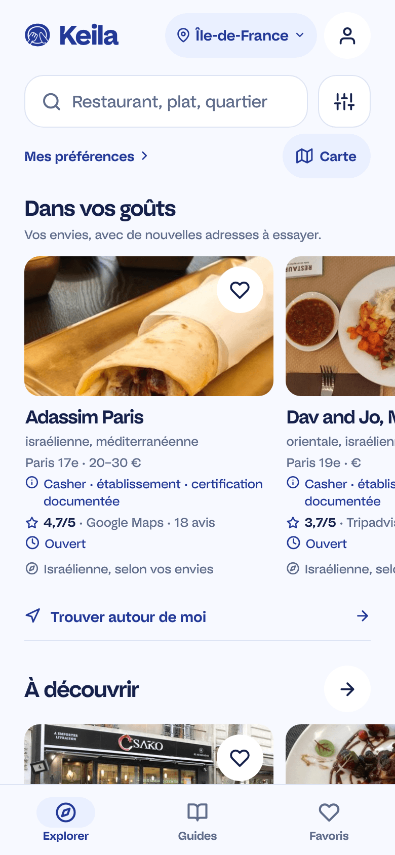 L'écran Explorer de Keila : recherche, filtres et restaurants du 17e avec photo, cuisine et nature de l'information.
