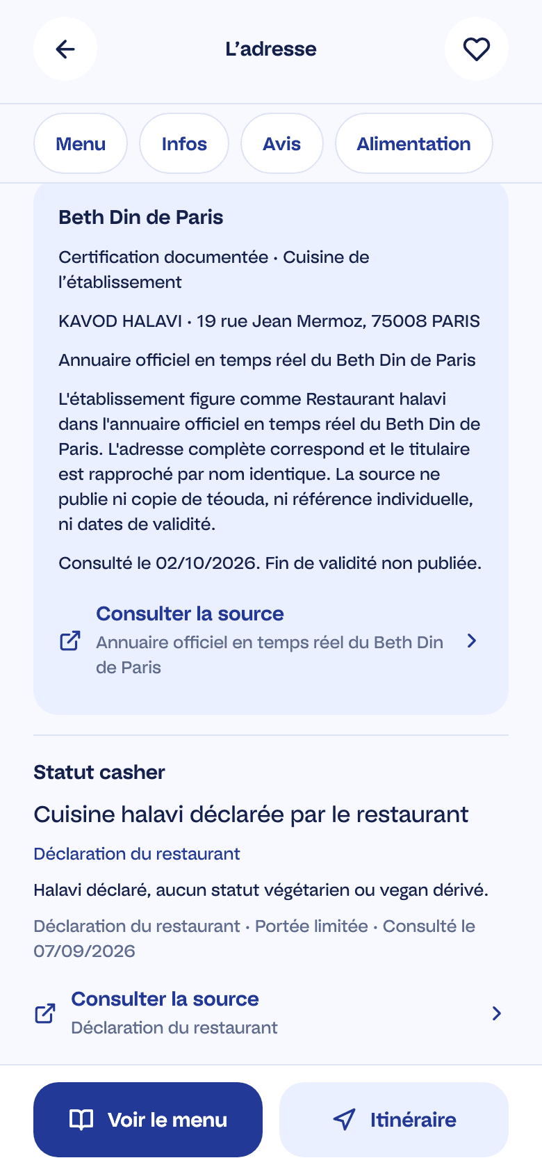 Une fiche Keila : déclaration du restaurant, portée sur tout l'établissement, date de contrôle, et mention d'annuaire qui ne vaut pas certification.