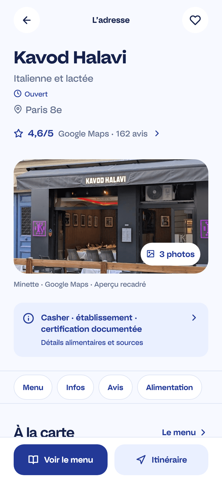 Une fiche restaurant dans Keila : photo créditée, quartier, cuisine, menu officiel et informations sourcées.