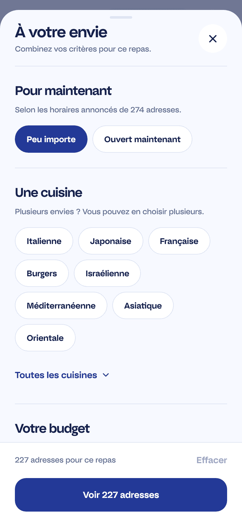 Les filtres d'Explorer : cuisine, budget, type casher Bassari, Halavi ou Parvé, organisme de surveillance.