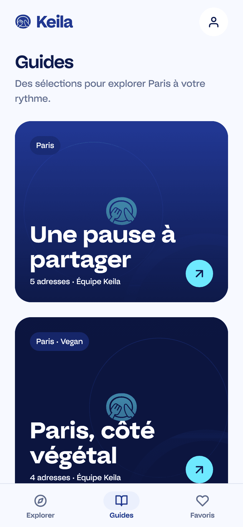L'onglet Guides de Keila : des sélections d'adresses signées et datées.
